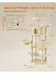 LEDREM Cat Tree, 168 Cm Large Cat Tower Condo With 13 Scratching Posts, 1 Scratching Ramp, 2 Perches, 2 Caves, Basket, Hammock, Pompoms - thumbnail 5