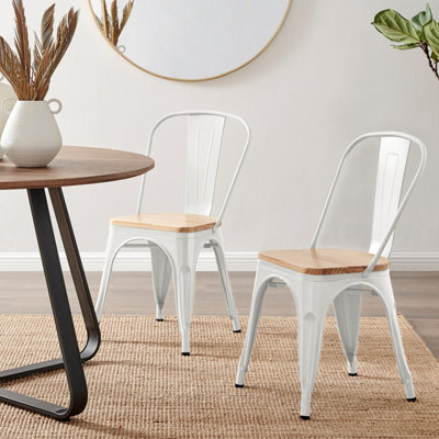 Furniturebox Set Of 2 White Colton Tolix Style Stackable Industrial Metal Dining Chair With Pine Seat