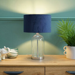 Valuelights Jessy Glass And Silver Chrome Metal Bedside Table Lamp With A Navy Blue Velvet Lampshade