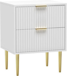 Xample Wooden 2 Drawer Chic Fluted Bedside End Sofa Table Nightstand For Living Bedroom Home With 4 Golden Legs For Bedroom & Living Room - thumbnail 5