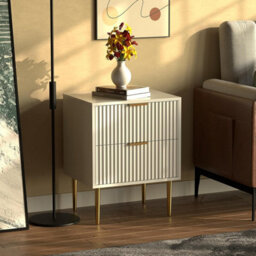 Xample Wooden 2 Drawer Chic Fluted Bedside End Sofa Table Nightstand For Living Bedroom Home With 4 Golden Legs For Bedroom & Living Room