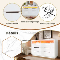 Matteo Modern Marbled Sideboard With 6 Drawers, Rgb Led Lighting & Shelves, 85X120X40 Cm, White - thumbnail 3