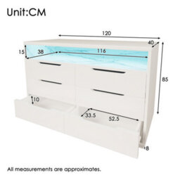 Matteo Modern Marbled Sideboard With 6 Drawers, Rgb Led Lighting & Shelves, 85X120X40 Cm, White - thumbnail 2