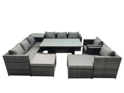 Fimous Outdoor Corner Sofa Chair Dining Table Set Garden Rattan Furniture Set 10 Seater With Side Table 2 Big Stools Dark Grey - thumbnail 2