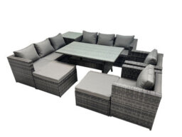 Fimous Outdoor Corner Sofa Chair Dining Table Set Garden Rattan Furniture Set 10 Seater With Side Table 2 Big Stools Dark Grey - thumbnail 1
