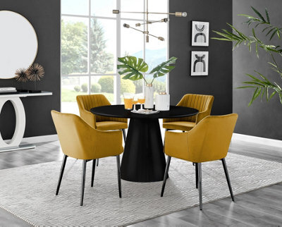 Furniturebox Uk Palma Black Semi Gloss Round Pedestal Dining Table & 4 Mustard Velvet Calla Black Leg Chairs
