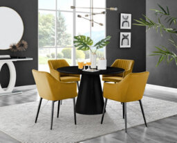 Furniturebox Uk Palma Black Semi Gloss Round Pedestal Dining Table & 4 Mustard Velvet Calla Black Leg Chairs - thumbnail 1