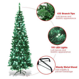 Shatchi 6Ft Pre-Lit Artificial Slim Christmas Pencil Tree Decorations Cool White Leds - thumbnail 4