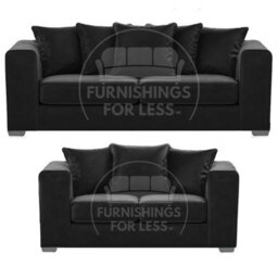 Furnishings For Less UK Ella Boxed Arm Plush Velvet  Fabric Sofa Set 3 And 2 Seater Sofa   Black