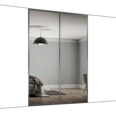 Spacepro Classic Panelled Mirrored Gloss Graphite 2 Door Sliding Wardrobe Door Kit (H)2220mm (W)1489mm - image 1
