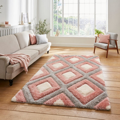 Grey Pink Modern Shaggy Geometric Rug For Dining Room-120Cm X 170Cm - image 1