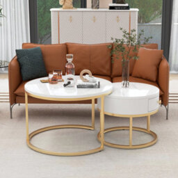 Matteo Nesting Coffee Table Set With Storage, 2 Round Tables, Marble Effect Top & Gold Metal Frame - thumbnail 7