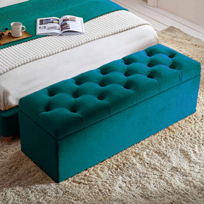 90Cm Chesterfield Ottoman Storage Box- Plush Velvet Shoe Bench - Emerald Green Chesterfield Upholstered Blanket Box - image 1