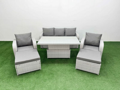 Fimous Pe Rattan Garden Furniture Set Reclining Chair Sofa Lounge Sofa Set Adjustable Lifting Table 2 Big Footstool Light Grey - image 1