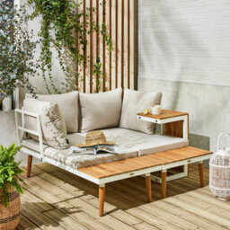 Sweeek - 4-Seater Modular Aluminium And Acacia Garden Lounge Set Beige 140X68X65 Cm - Sao Paulo - thumbnail 4