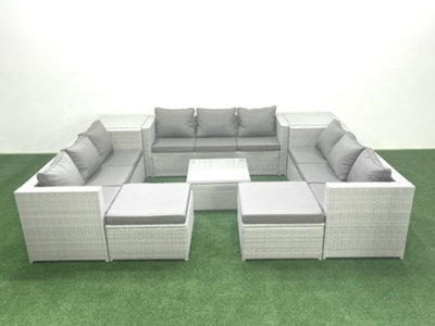 Fimous Rattan Garden Outdoor Furniture Set 11 Seater Rattan Garden Sofa Set 2 Big Stools 2 Side Tables Light Grey - image 1