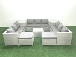 Fimous Rattan Garden Outdoor Furniture Set 11 Seater Rattan Garden Sofa Set 2 Big Stools 2 Side Tables Light Grey