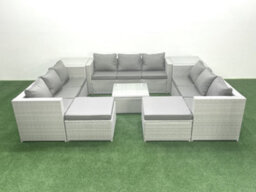 Fimous Rattan Garden Outdoor Furniture Set 11 Seater Rattan Garden Sofa Set 2 Big Stools 2 Side Tables Light Grey - thumbnail 2