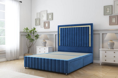 "Sloomy Boston Gold Navy Plush Divan Bed 2 Drawers Left Side-54"" Floor Standing Headboard 12"" Footboard 4' Small Double" - image 1