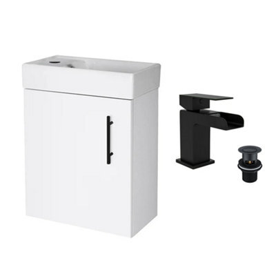 FNX Bathrooms Gloss White 400 Wall Hung Basin Sink Vanity Unit & Matt Black Waterfall Basin Tap & Handle - image 1