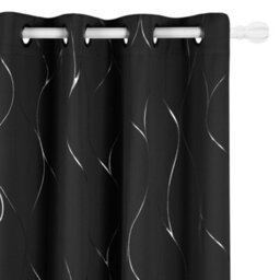 Deconovo Eyelet Blackout Curtains, Thermal Insulated Silver Wave Line Foil Printed Curtains, W46 X L72 Inch, Black, 2 Panels - thumbnail 1