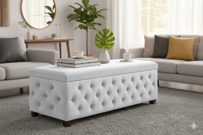 120Cm Wide Empire Ottoman Storage Box With Legs, White Velvet Chesterfield Upholstered Ottoman Footstool Coffee Table - image 1