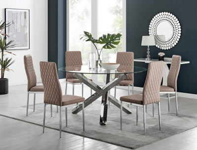 Furniturebox Uk Vogue Large Round Chrome Metal Clear Glass Dining Table And 6 Cappuccino Milan Dining Chairs Set - image 1