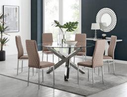Furniturebox Uk Vogue Large Round Chrome Metal Clear Glass Dining Table And 6 Cappuccino Milan Dining Chairs Set - thumbnail 1