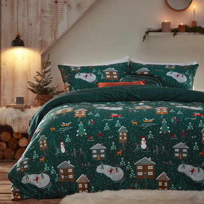 Furn. Winter Pine Festive Reversible Duvet Cover Set, Toddler/junior, Green - image 1