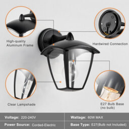 Harper Living Outdoor Wall Lights, Black Exterior Wall Lamp With Clear Shade, Security Lights For Porch, Front Door, Garden, Patio - thumbnail 6