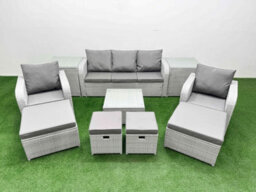 Fimous Outdoor Garden Furniture Set Pe Rattan Lounge Sofa Set With Coffee Table 3 Seater Sofa 4 Footstools 2 Side Table Light Grey - thumbnail 2