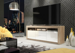 Shine Tv Unit 160Cm Oak & White With High Gloss Doors And Led Lighting - Creative Furniture - thumbnail 4
