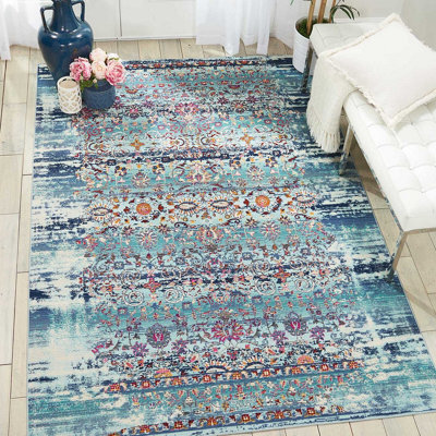 Blue Luxurious Traditional Floral Easy To Clean Rug For Living Room Bedroom And Dining Room-121Cm X 173Cm - image 1