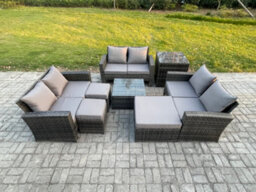 Fimous Outdoor Lounge Sofa Set Wicker Pe Rattan Garden Furniture Set With Square Coffee Table 3 Footstools Side Table - thumbnail 2