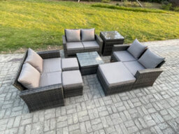 Fimous Outdoor Lounge Sofa Set Wicker Pe Rattan Garden Furniture Set With Square Coffee Table 3 Footstools Side Table - thumbnail 1