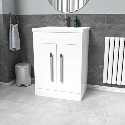 Nes Home White 600mm Gloss Bathroom Basin Sink Cabinet & Ceramic Basin - image 1