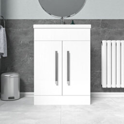 Nes Home White 600mm Gloss Bathroom Basin Sink Cabinet & Ceramic Basin - thumbnail 2