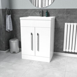 Nes Home White 600mm Gloss Bathroom Basin Sink Cabinet & Ceramic Basin - thumbnail 1