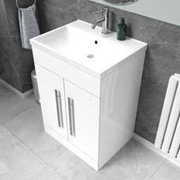Nes Home White 600mm Gloss Bathroom Basin Sink Cabinet & Ceramic Basin - thumbnail 4
