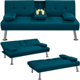 Yaheetech Aqua Blue Fabric Upholstered Convertible Futon Sofa Bed For Small Space - thumbnail 2