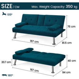 Yaheetech Aqua Blue Fabric Upholstered Convertible Futon Sofa Bed For Small Space - thumbnail 3