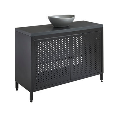 Homestylestore 1200mm Black Metal Floorstanding Bathroom Vanity Unit Black Grey Countertop And Oval Pebble Basin - image 1