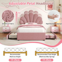 Matteo Pink Velvet 3Ft Single Upholstered Bed Frame, Adjustable Petal Headboard, 2 Storage Drawers - thumbnail 6