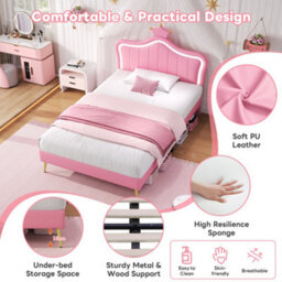Btm 3Ft Single Upholstered Bed, Pu Leather Frame With Solid Wood Slat, Led Crown Headboard, Easy Assembly, Pink (No Mattress) - thumbnail 7
