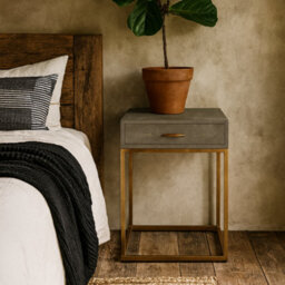 Wyld Haus Mandalo Taupe Shagreen One-Drawer Side Table With Brushed Brass Frame