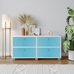 Urbn-Living Urbnliving 47Cm Height White Wooden Tv Unit Stand Media Cabinet 4 Sky Blue Fabric Storage Drawers - thumbnail 2