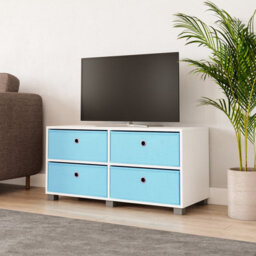 Urbn-Living Urbnliving 47Cm Height White Wooden Tv Unit Stand Media Cabinet 4 Sky Blue Fabric Storage Drawers