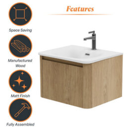 Plum&clay Isla Ribbed Fluted Oak Wood Wall Hung Drawer Vanity Unit & White Basin Set (W)600mm - thumbnail 6