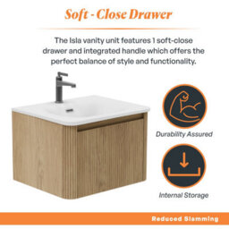 Plum&clay Isla Ribbed Fluted Oak Wood Wall Hung Drawer Vanity Unit & White Basin Set (W)600mm - thumbnail 4