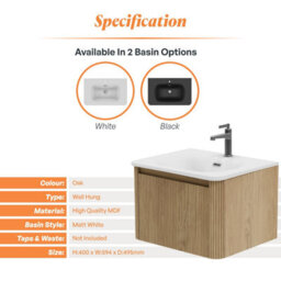 Plum&clay Isla Ribbed Fluted Oak Wood Wall Hung Drawer Vanity Unit & White Basin Set (W)600mm - thumbnail 5